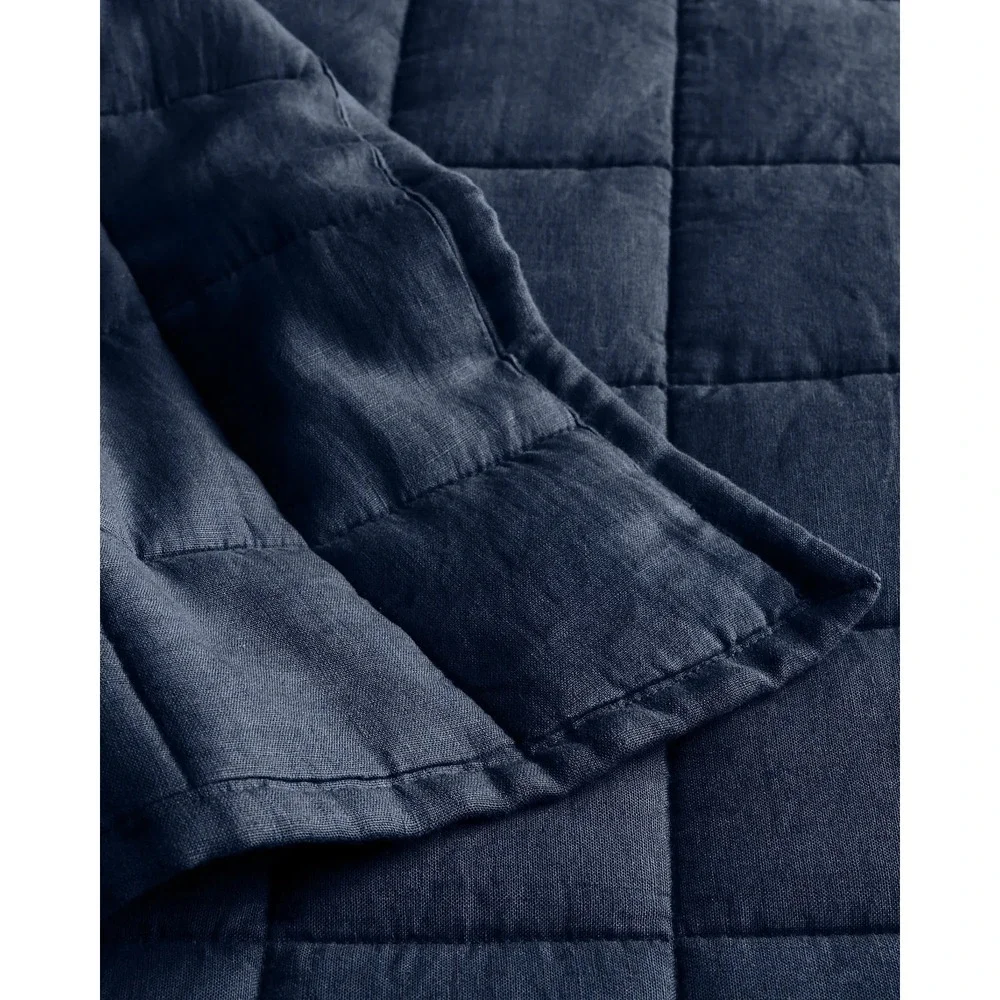 Quince European Linen Box Quilt Bedding King/Cal King Size Navy Blue NEW